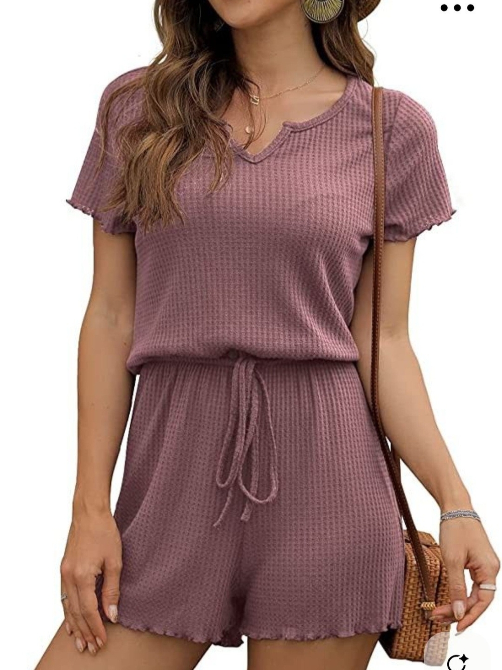 Waffle Knit Short Romper in Mauve - Casual V-Neck Jumpsuit